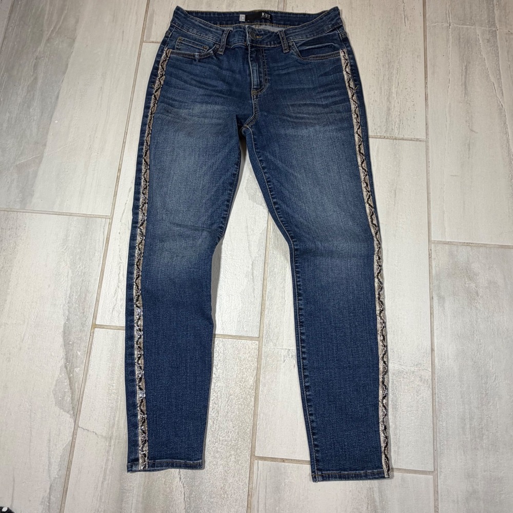 Kut from the Kloth Donna Ankle Skinny Jeans Blue Metallic Side Stripe Size 8